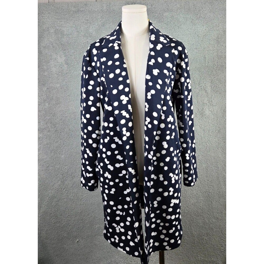 Tahari Coatigan Navy Blue White Polka Dots Scuba‎ Knit Sz S Long Open Blazer